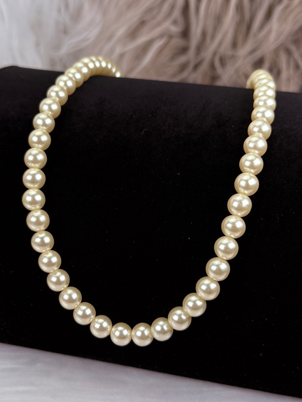 Vintage Faux Pearl Strand Necklace Ornate Gold Tone Hook Clasp